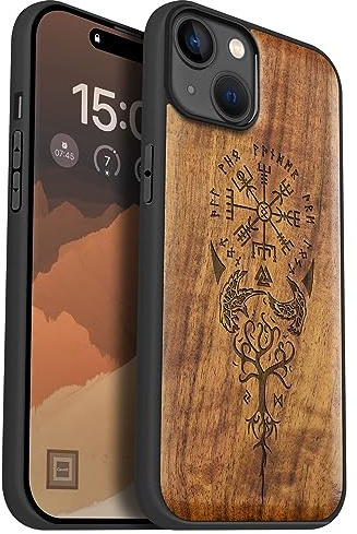 Carveit Étui en Bois pour iPhone 15 Plus, (Noyer-Viking Compas) | Bois Étui de Magnétique Téléphone Antichoc TPU, Protection Case Compatible Magsafe pour iPhone 15 Plus Coque