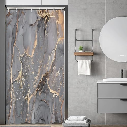 ASDCXZ Marmor Duschvorhang 120x200 cm (BxL), Modern Abstrakt Grau Gold Schwarz Marmor Optik Textur Waschbar Duschvorhänge Polyester Textil Wasserdicht Duschvorhang für Badewanne mit 8 Haken