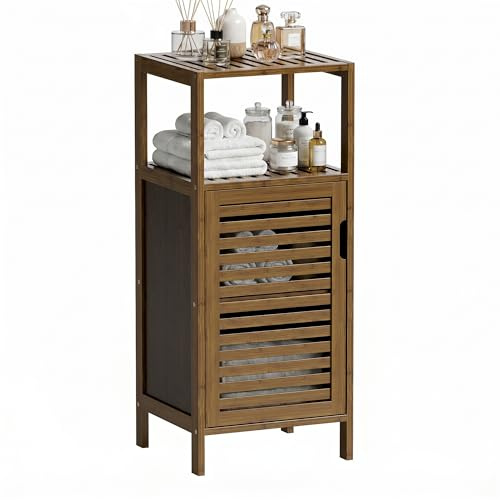 HITNET Bathroom Cabinet, Bamboo Floor Cabinet Free Standing, 4 Tier Sofa Side Storage Cupboard for Living Room Kitchen Bedroom, Walnut