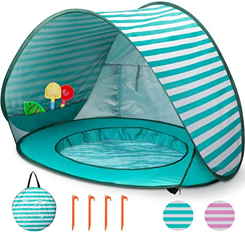 Strandmuschel Baby Pop Up Strandzelt, Baby Strand Zelt mit Mini Pool Tragbar Pop Up Baby Strandzelt UV-Schutz Sun Shelter für Kleinkinder Picknick Garten Strandmuschel (Grün)