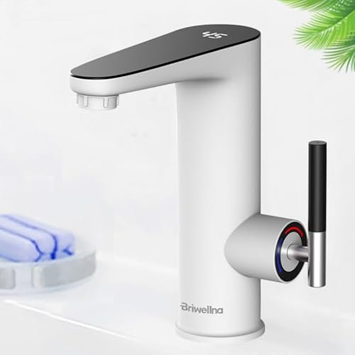 Briwellna Warmwasser elektrische wasserhahn mit durchlauferhitzer,220V elektrischer wasserhahn mit ablesbarer LED Temperaturanzeige für Badezimmer(weiß)