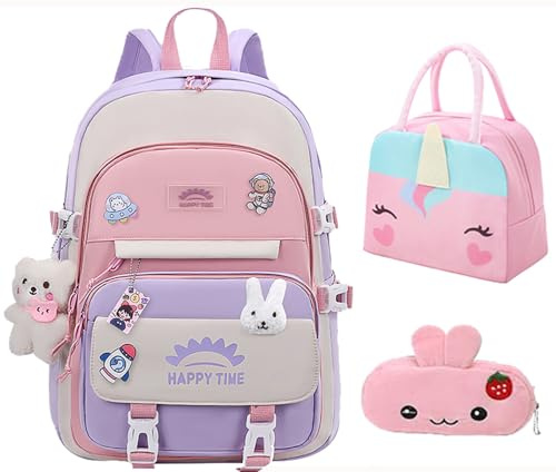 GDEMXOAN 3pcs Girls Backpack, Kawaii School Backpack For Kids Children With Lunch Bag and Pencil Case (rabbit-purple)