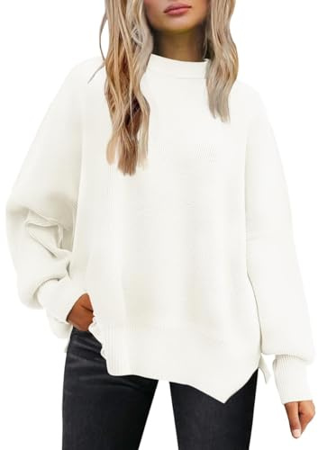 Tincini Pullover Damen Strickpullover Winter Rundhals Pulli Herbst Lose Sweatshirt Warm Fledermaus Langarmshirt aus Strick Seitlichem Schlitz Oberteile (Natürliches Weiß, S)
