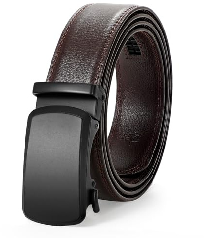 JasGood herr läder spärrbälte med justerbart automatiskt glidspänne, 3,5 cm bredd, Kaffe (svart spänne), 130cm: 105cm-119cm Taille Verstellbar