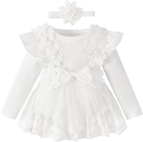IBAKOM Baby Girl's Long Sleeve Ribbed Knit Romper Dress Infant Lace Tutu Flower Dress and Headband Clothes Set Cake Smash Wedding Birthday Party Outfits White 9-12M