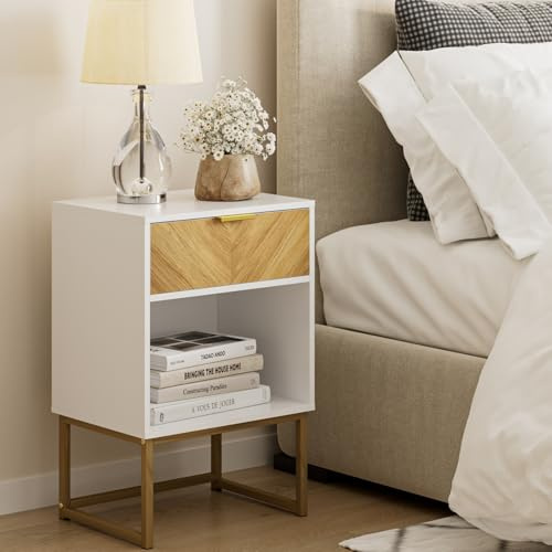 HEYZOEY Nachttisch Weiß, Fach & Schublade, Metallbeine, 40×40×65 cm | Leichtgängige Schublade, großes offenes Fach, moderner Stil, pflegeleicht – für Schlafzimmer und Wohnzimmer, vielseitig.