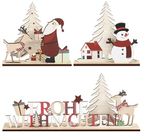 Jetec 3 Stück Deko Aufsteller aus Holz Weihnachtsdeko Innen Frohe Weihnachten Schriftzug Schild Weihnachten Tisch Dekoration Weihnachtsmann Aufsteller zum Hinstellen für Weihnachten
