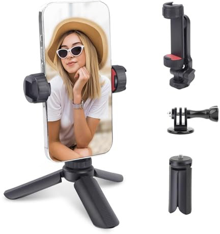 Mechrig Mini Tripod with 360° Phone Holder & Dual Cold Shoe, Small Phone Tripod Stand for iPhone/Android, Pocket Selfie Stick Handle Grip Compatible with Cellphone/Action Camera (SY032)