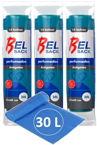 45 x Bolsas de Basura 30 L - Envio 24 h - Muy Resistentes - Perfumada con Autocierre y Antigoteo - Reciblables - Pack de 3 x 15 bolsas (E - 30 L)