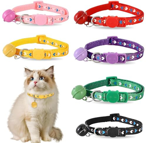 Katzenhalsband, Schnellverschluss, Katzenhalsband, Kätzchenhalsband mit Glöckchen, verstellbar, 19–32 cm, für alle Kätzchen, 6 Stück
