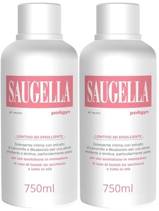 Saugella Poligyn, Detergente Intimo Emolliente Antiprurito, pH Neutro, con Camomilla e Acido Lattico, Adatto in Menopausa, 2 Detergenti da 750 ml