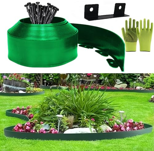 Flexible Rasenkante Kunststoff, Rasenkanten aus Kunststoff 10cmx10m, Inklusive 30 Ankerspitzen und 1 Verbinder, mit einem Paar Handschuhe, Gartenzaun decorativ (Grün, 10cmx10m)