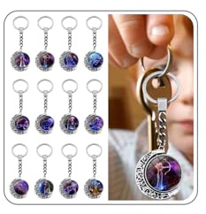 Porte-clés lumineux avec 12 constellations - Cabochon en verre rotatif - Bélier, Taureau, Gémeaux, Cancer, Lion, Vierge, Balance, Scorpion, Sagittaire, Capricorne, Verseau, Poissons (1 pièce), taille