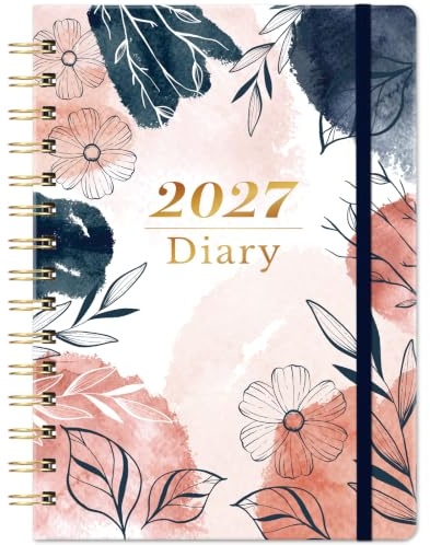 2027 Diary - A5 Diary 2027 Week to View from Jan.2027 to Dec. 2027 | Diary 2027 with Twin-wire Binding, Hard Cover, Elastic Closure, 21.5 x 15.5 x 1.5 cm