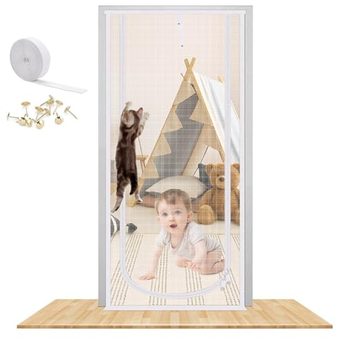 WenYa 90 x 210 cm verstärkte Katzengittertür, extra hohes Anti-Haustier-Netzgitter mit beidseitigem Reißverschluss, strapazierfähig, haustiersichere Fliegengittertür für Wohnzimmer, Küche