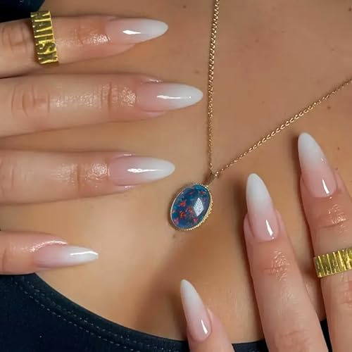 24Pcs Press on Nails Mandel Mittel, Rosa Weiß Farbverlauf Französisch Nägel zum Aufkleben, Ballerina Full Cover Kunstnägel Selbstklebende, Soft Gel Acryl Künstliche Fingernägel für Frauen