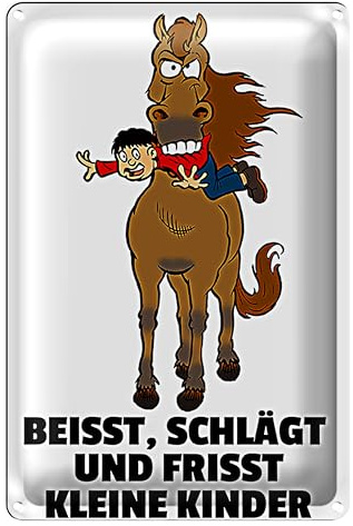 Warnschild Pferd | Humorvolles Metallschild 'Beißt, schlägt und frisst kleine Kinder' | Perfekt für Ställe und Bauernhöfe | 12 cm x 18 cm