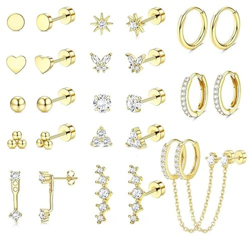 LOFITOR 13 Paires Boucles d'Oreilles Hypoallergéniques à Dos Plat en Acier Chirurgical pour Femmes - Lot de Studs et Créoles pour Piercings Multiples - Argentées et Dorées
