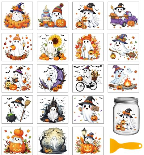 GLOBLELAND 18 Blatt Bunte Halloween Geister Abziehbilder Aufreiben Für Vasenbasteleien 3.9x3.6Zoll Kürbisse UV DTF Becherverpackungen Abziehbilder Gespenster Transferaufkleber Für Möbel Glasflaschen