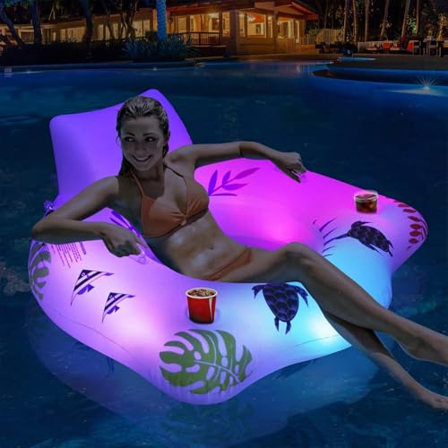 Pool Aufblasbarer Ring Wasser Pool Luftmatratze Mit Getränkehalter, 120 cm Aufblasbarer Schwimmring Pool Mit Lichtern Wasserhängematte, Schwimmbett Pool, Wasser Aufblasbarer Schwimmreifen Erwachsene