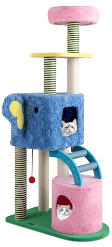 COSTWAY Árbol para Gatos con Tema de Elefante, Torre Multinivel con 2 Condominios, Percha Acolchada, Postes Rascadores de Sisal, Escalera y Juguete Colgante, Centro de Actividades para Gatos