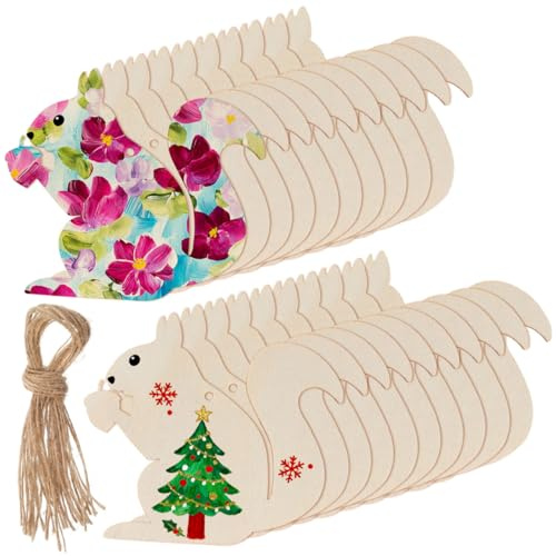 Housoutil 20 Stück Teiliges Unbemalte Eichhörnchen Holzfiguren aus Natürlichem Holz Blanke Holzstücke zum Bemalen und Basteln DIY Holzornamente für Herbstdeko Geburtstags und