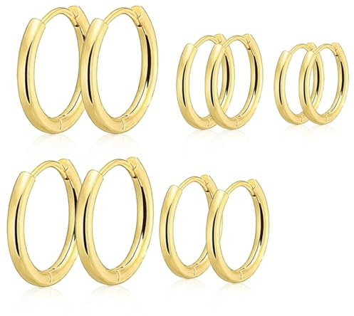 JEYORZY 5 Pares Pendientes de Aro, Pendientes Aro Pequeños, Acero Inoxidable Hipoalergénicos, Pendientes Hombre Aretes de Mujer, Pendientes de Aro de Cartílago(Dorado,8/10/12/14/16mm)