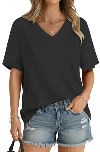 Cuptacc Tee Shirt Femme Manches Courtes Casual Comfort Col V T Shirt Été Décontracté Basique Ample Couleur Unie Polyvalent Femme Noir L