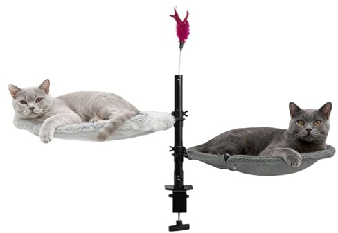 RUETERY Katzenbett Schreibtisch, Katzenhängematte mit Federstab und 2 Ebenen, Höhenverstellbares Katzenbett mit Tischklemme, 20kg Tragkraft, 360° Drehbar für 1-2 Katzen