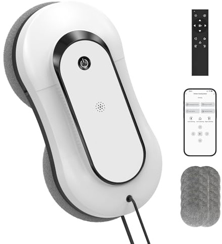 AOQUFUL Robot Laveur de Vitre Intelligent - Nettoyeur de Vitres Électrique avec Double Pulvérisation d'eau, Télécommande & Contrôle Via Application, pour Fenêtres Intérieures & Extérieures, Blanc