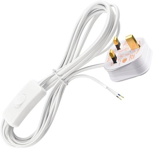 In Line Switch for Lamps, 2 Core White Table Lamp Cable with Switch and Plug, Inline Switch Power Cord Flying Lead 3.5 Meters, 250V 6A Fused Light UK Plug, Safe for Floor/Table Lamps