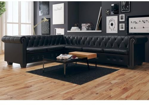 Genérico Sofá de Esquina Chesterfield 6 plazas Cuero Artificial Negro,Mobiliario,Sofás,Negro,75 kg,243617