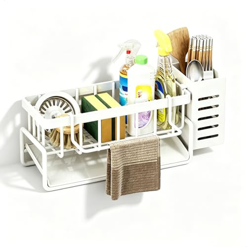 Organisateur d'évier de Cuisine,Porte Eponge Evier Cuisine,métal,Vidange Automatique,Séparateur Amovible avec Porte-Serviettes,pour Les Plans de Travail Rangement et Organisation de cuisine(Blanc)