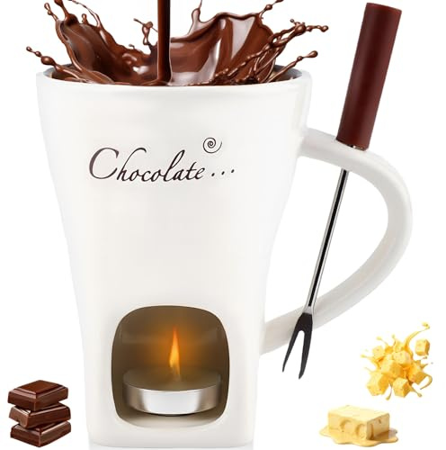 130ml Keramik Schokoladenfondue Set mit Gabeln & Teelicht, Schokofondue Tasse Schoko Fondueset, Mehrzweck Schokolade Schmelzen Fondue Cup Käsefondue Set für Käse Butter Karamell, Geschenk (Weiß)