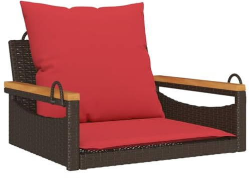 Qnhdfrt Hängesessel mit Kissen, Garten Schaukelbank in Braun, Rattan-Optik, Gartensessel mit stabilem Stahlrahmen und Akazienholz, Hängebank für Balkon und Terrasse, 63x62x40 cm