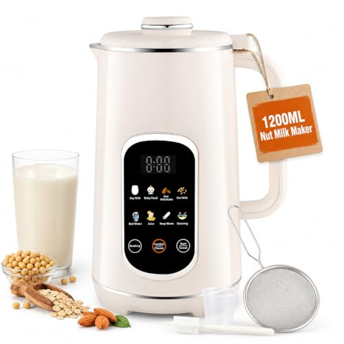 Macchina per latte di noci da 1200 ml fatta in casa, macchina per latte di soia touch screen 8 in 1 con avvio ritardato di 12 ore e autopulente, per avena di mandorle a base vegetale
