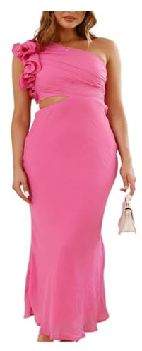 OPIGJUFD Satinklänning elegant ärmlös urholkad oregelbunden klänning för kvinnor sommar enkel axel smal fest semester strand för fest, Rosa, XL