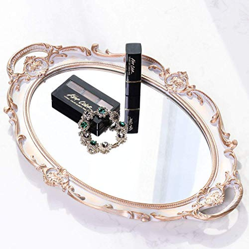 Zosenley Dekoratives Spiegeltablett aus Polyresin, Motiv: Ellipse, Antik-Optik, Make-up-Organizer, Schmuck-Organizer, Serviertablett, 24,9 x 37,1 cm, Goldgrau