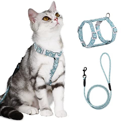 PETTOM Blumenmuster katzengeschirr mit Leine katzenleine mit Geschirr für Katzen mit Rundes Schlüsselband Ausbruchsicher Einstellbarer Brustgurt Geeignet für kleine und mittlere Katzen