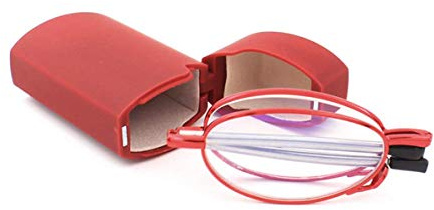 KoKoBin Vikbara läsglasögon av rostfritt stål mini anti-blå längstöd för kvinnor och män läshjälp med hårt skal