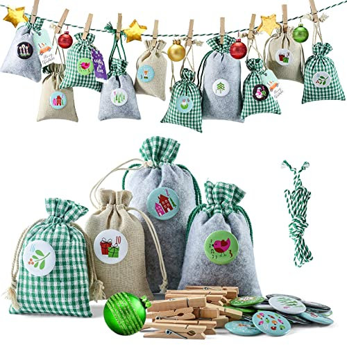 Adventskalender zum Befüllen Weihnachtskalender Stoffbeutel zum Selberfüllen, 24 Groß Stoffsäckchen Kette zum selber befüllbar und Aufhängen, Grün Grau Jutesäckchen für Kinder (Grün)