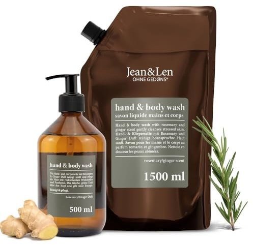 Jean & Len Hand & Body Wash Rosemary und Ginger, mit reinigt pflegt die Haut, ohne Parabene, Silikone & Mikroplastik, Glasflasche 500 ml und Nachfüllpack 1,5L im praktischen Set