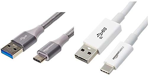 Amazon Basics Double Braided Nylon USB Type-C to Type-A 3.1 Gen 2 Cable | 0.9 m, Dark Grey & USB Type-C to USB-A Male 3.1 Gen2 Cable - 0.9 m - White
