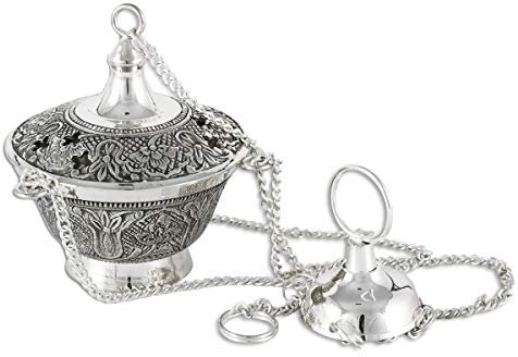 NKLaus Quemador de Incienso de latón Antiguo de Plata con Cadena de 20 cm de Largo Incienso 2222