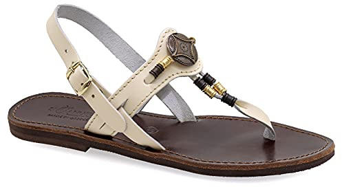 Emmanuela - Sandalias ornamentadas de piel griega antigua con correa de hebilla ajustable, correa de tobillo de calidad para mujer, sandalias boho chic con elementos metálicos, Blanco, 36 EU