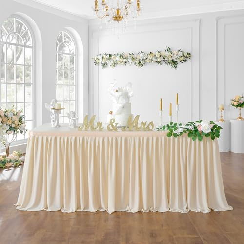 275cm Elfenbein Polyester Tischröcke für Rechteck Tische, Faltenfreie Rüschen Falten Tuch Tutu Tischrock 9ft für Bankett Hochzeit Geburtstag Baby Dusche Trade Meeting Kuchen Dessert(keine Top Cover)