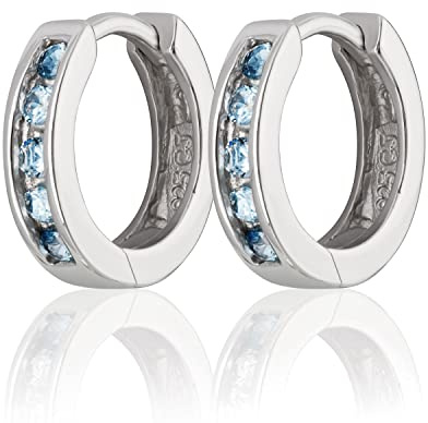 NKlaus par 12 mm 925 sterlingsilver fällbara creoler zirkon ljusblå örhängen rodiumpläterade 2128, Sterlingsilver, Kubisk zirkonia