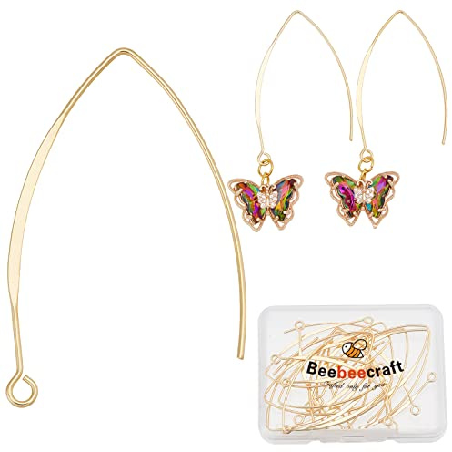 Beebeecraft 1 scatola da 20 ganci per orecchini in ottone placcato oro 18 K, a forma di V, 43 mm, per gioielli fai da te (filo 0,7 mm)