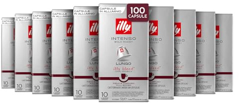 illy, Cafè en Capsules Compatibles en Aluminium INTENSO Lungo, 100% Arabica avec des Notes de Cacao et de Fruits Secs, Arrière-goût Corsé, 10 Paquets de 10 (100 Capsules au Total)
