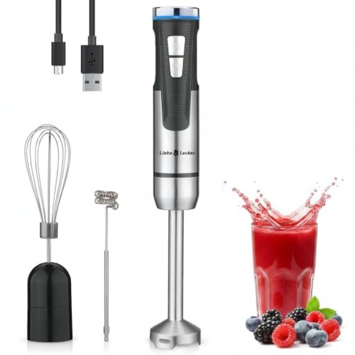 Liebe&Lecker Immersion Blender Handheld Cordless, 3 in 1 Cordless Hand Blender, 8 Speed Emulsion Blender Handheld with Whisk Milk Frother for Soup Smoothie
